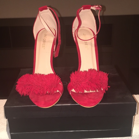 Red Pom-Pom Sandal Pump w/ ankle straps - Picture 2 of 4